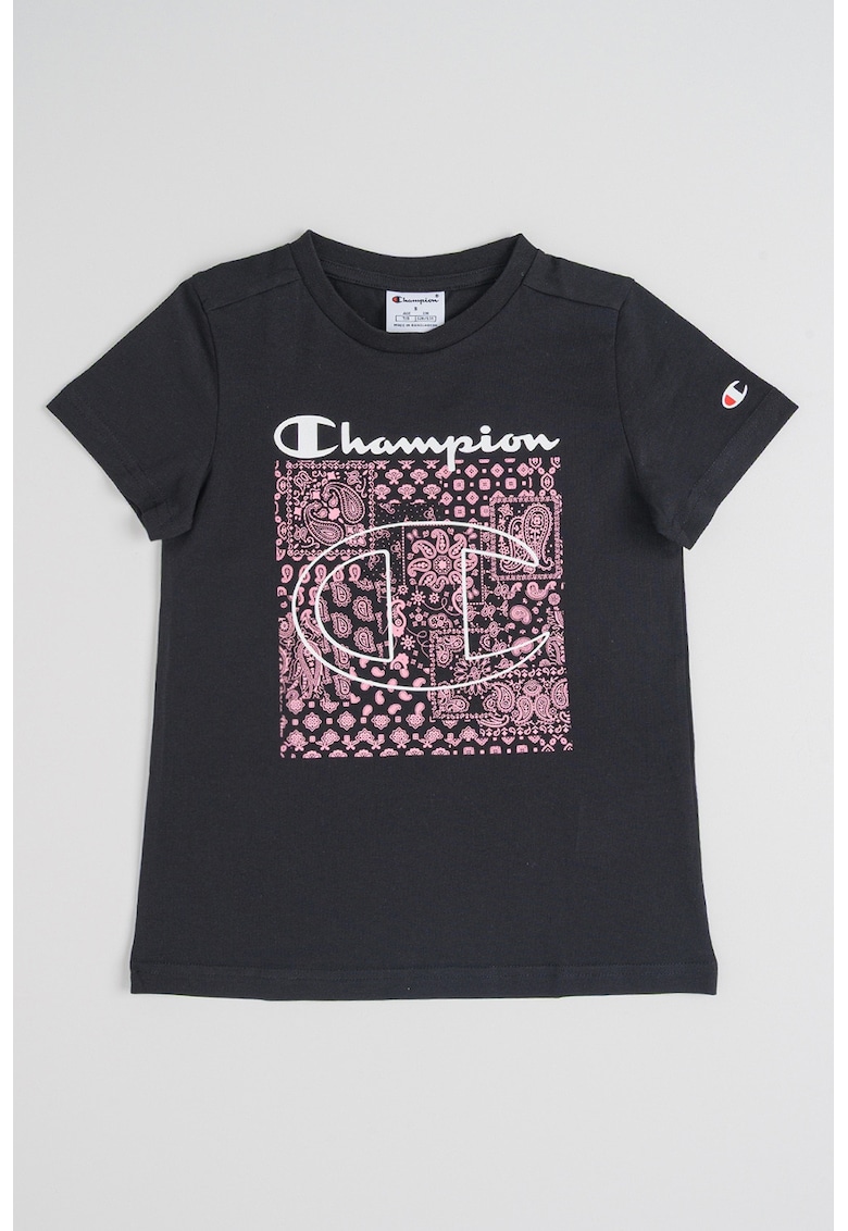 Tricou cu decolteu rotund si imprimeu floral - Negru/Roz