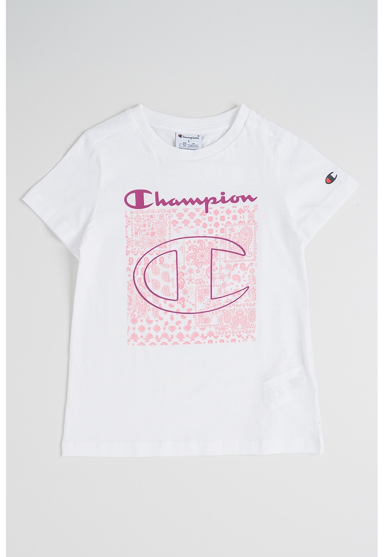 Tricou cu decolteu rotund si imprimeu floral - Alb/Roz