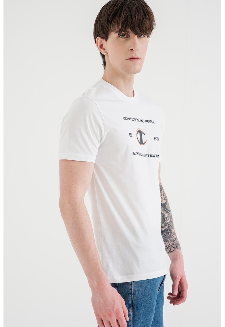 Tricou cu decolteu la baza gatului si logo - Alb/Albastru ultramarin