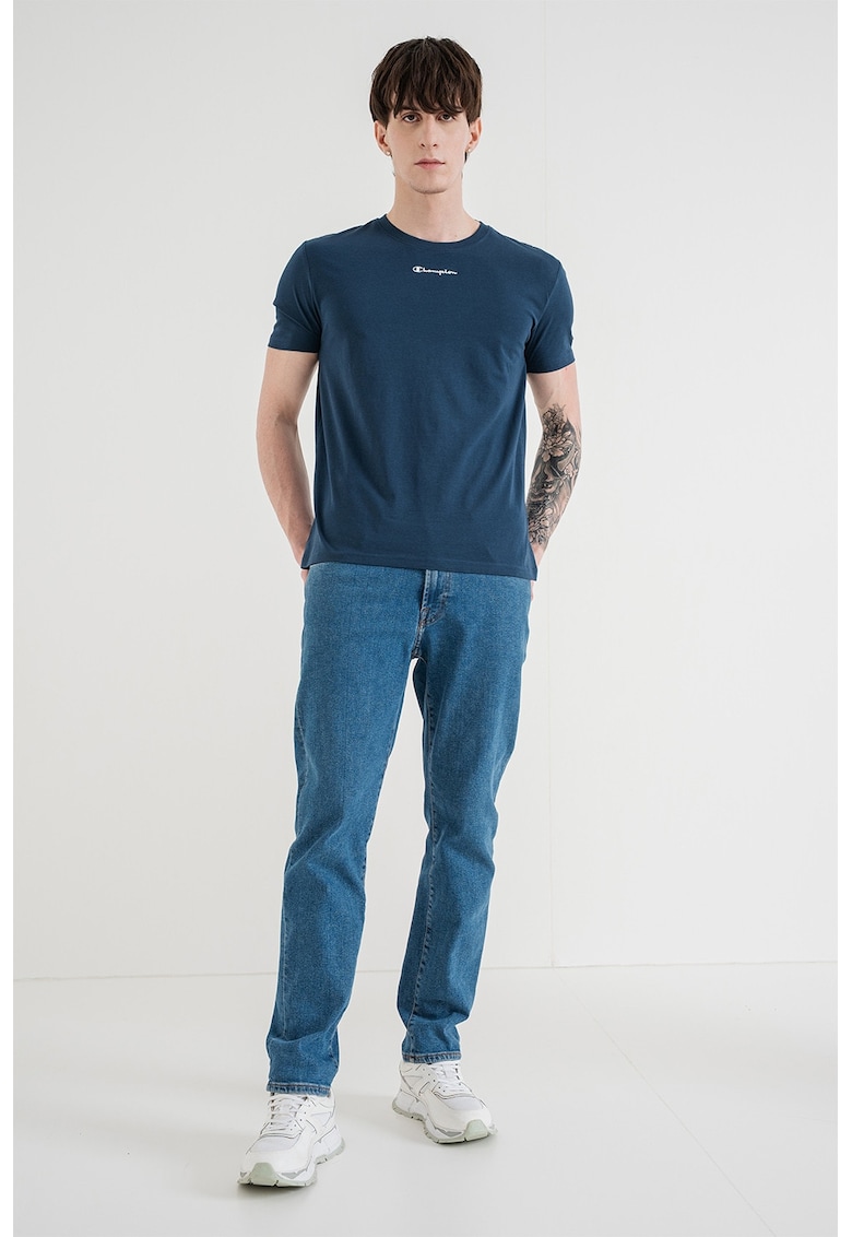 Tricou cu decolteu la baza gatului si logo - Alb/Albastru paun