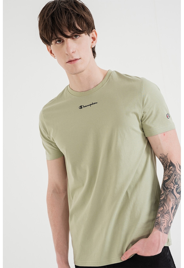 Tricou cu decolteu la baza gatului si logo - Verde masliniu pal