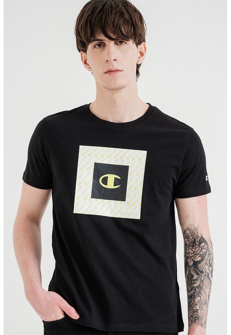 Tricou cu decolteu la baza gatului si logo - Negru/Verde lime