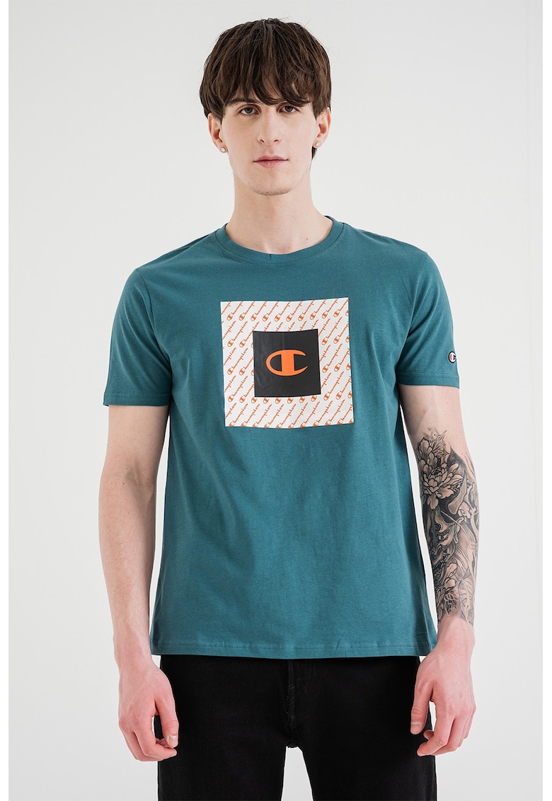 Tricou cu decolteu la baza gatului si logo - Portocaliu/Verde smarald
