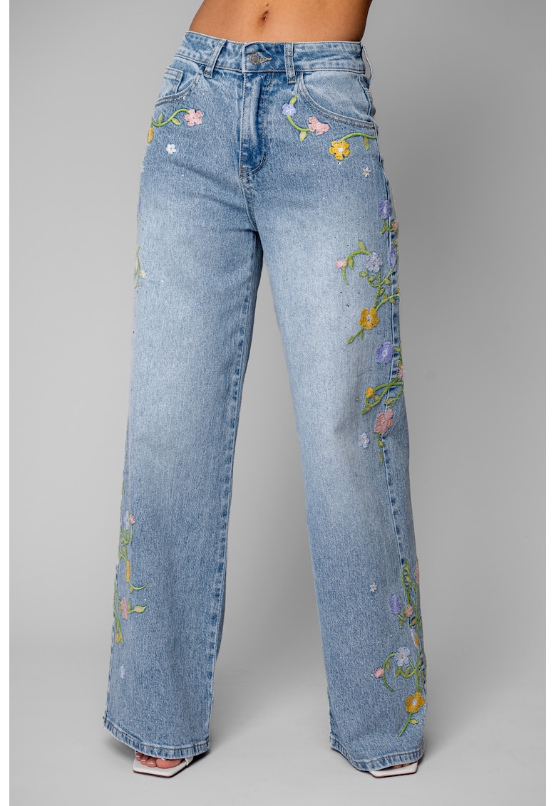 Blugi lungi elastici cu strasuri si broderie florala colorata Light Blue 20329 - Albastru deschis