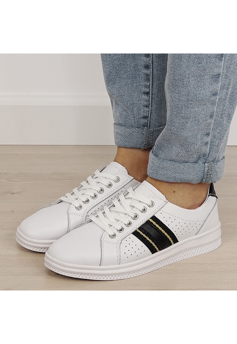 Sneakersi albi cu detalii negre din piele naturala 5088 M7 19364 - Alb