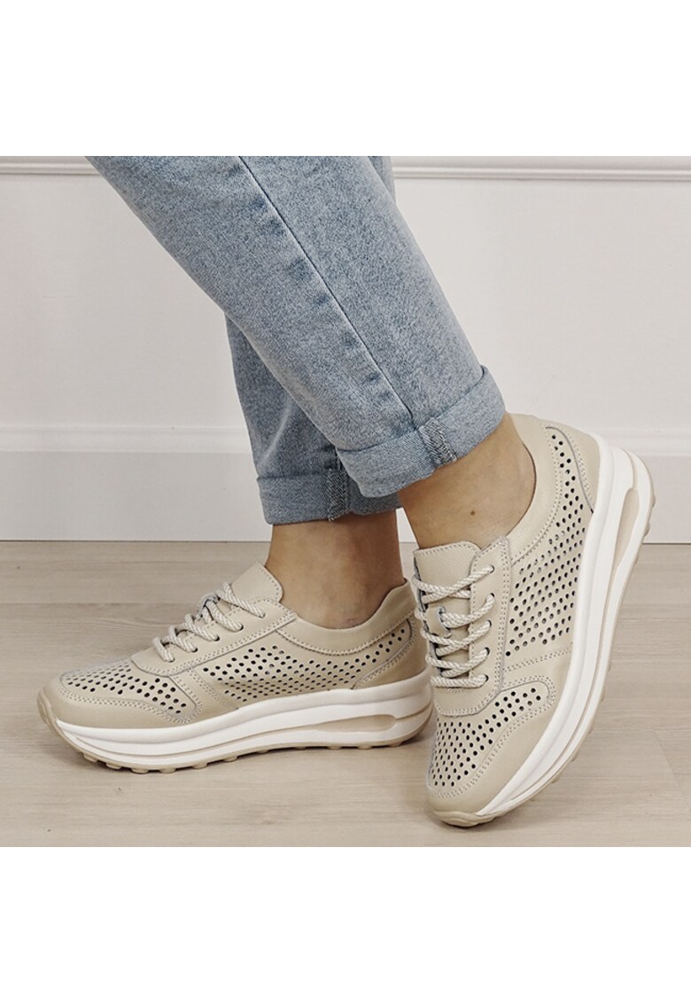 Sneakers piele naturala bej - perforat - Corina M4 19370 - Bej