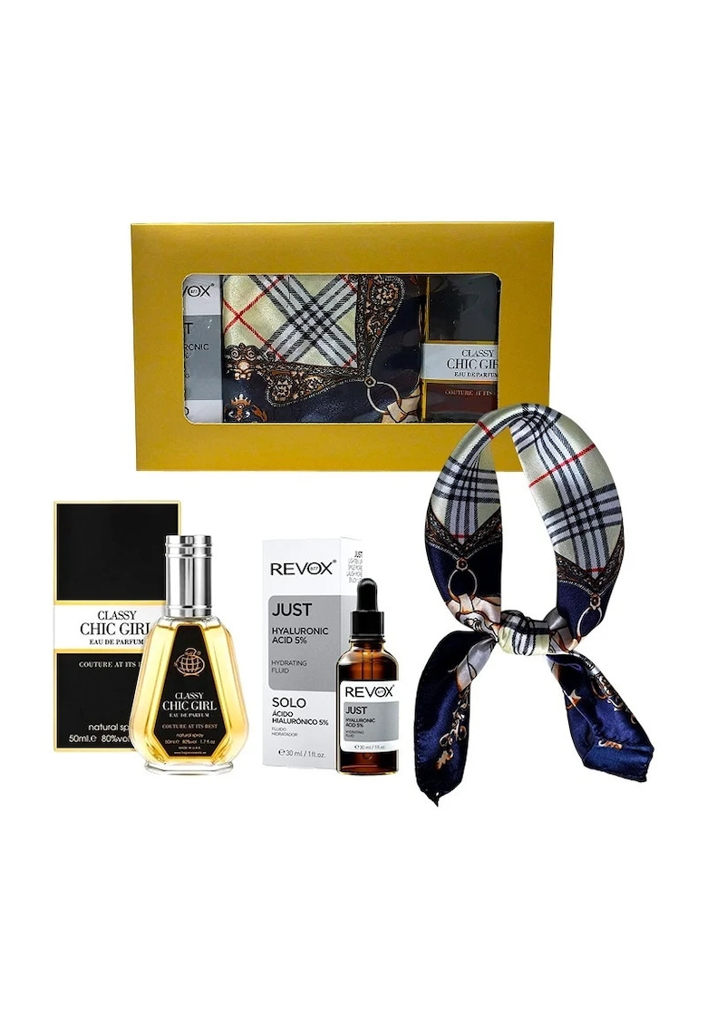 Set Elysa – Ser Revox Hyaluronic Acid 5% 30ml - Apa de Parfum Classy Chic Girl 50ml - Esarfa