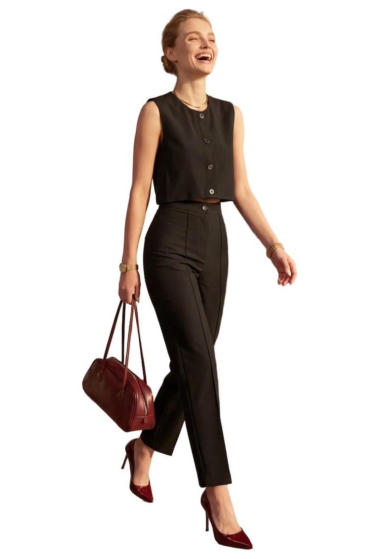 Costum dama - set doua piese - talie inalta - picior larg - negru - textil