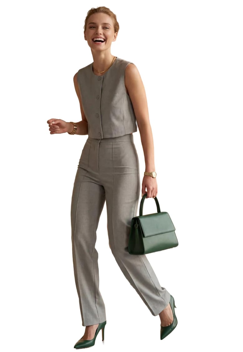 Compleu dama - set din doua piese - vesta crop - pantaloni cu talie inalta - gri - textil