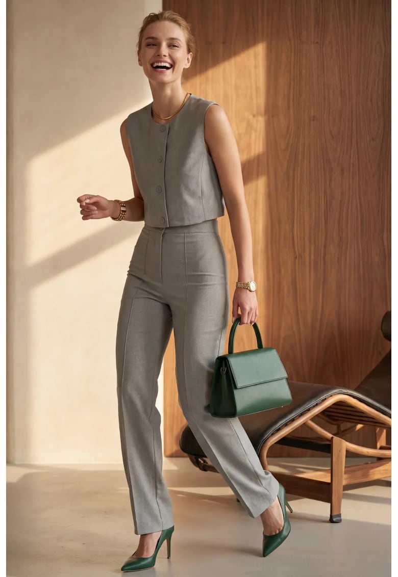 Compleu dama - din doua piese - talie inalta - gri - textil -