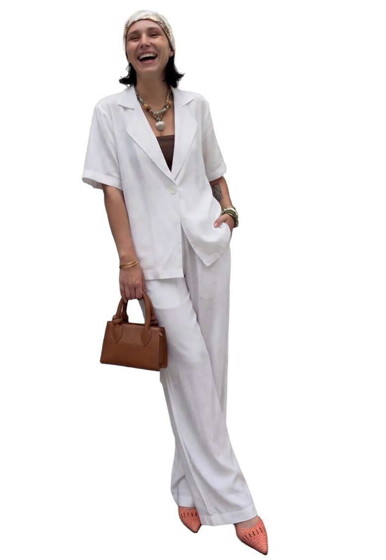 Compleu dama - set doua piese - pantaloni largi - alb - bumbac-viscoza-in