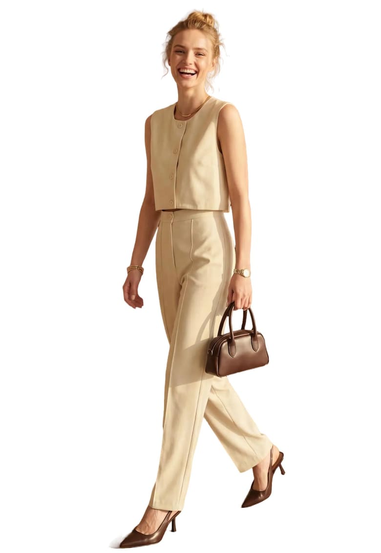 Compleu dama - set din doua piese - vesta scurta - pantaloni cu talie inalta - bej natural - textil