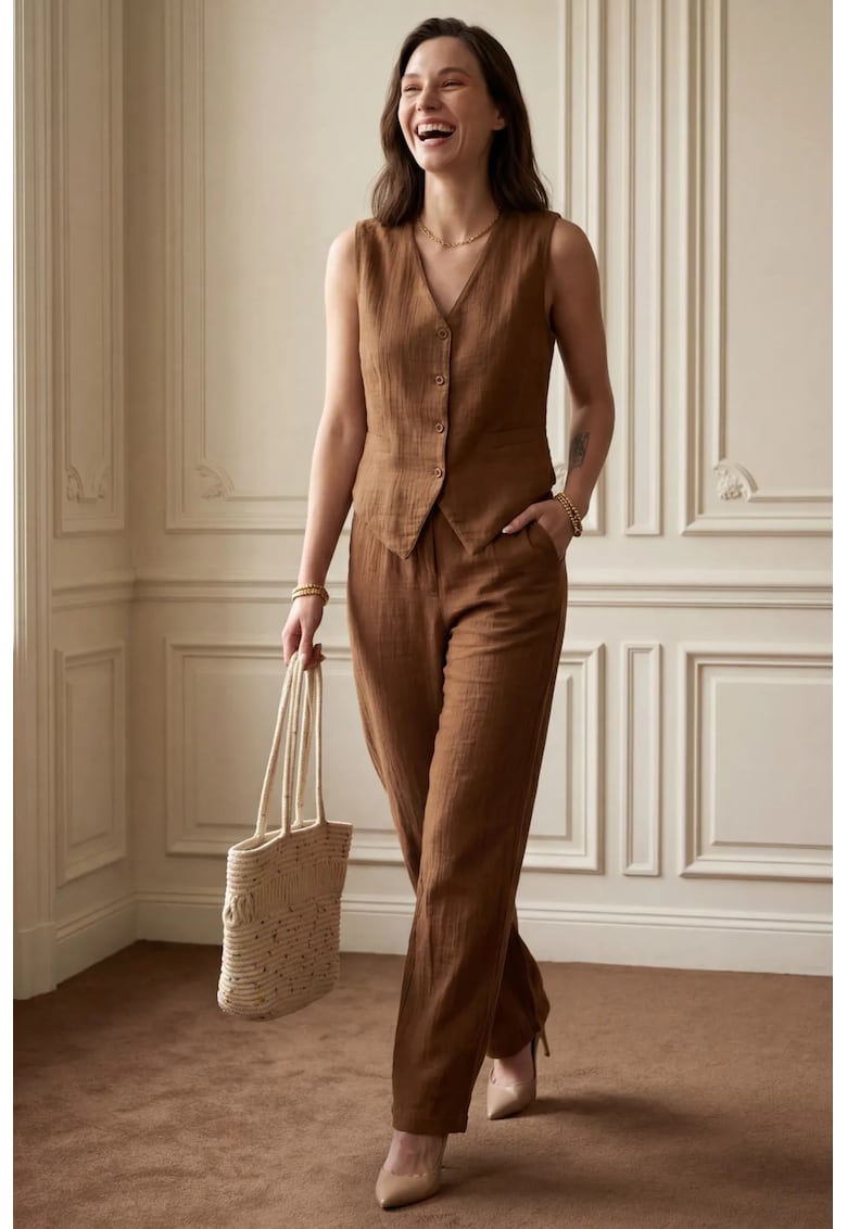 Compleu dama - din doua piese - vesta si pantaloni - decolteu in V - texturat - maro