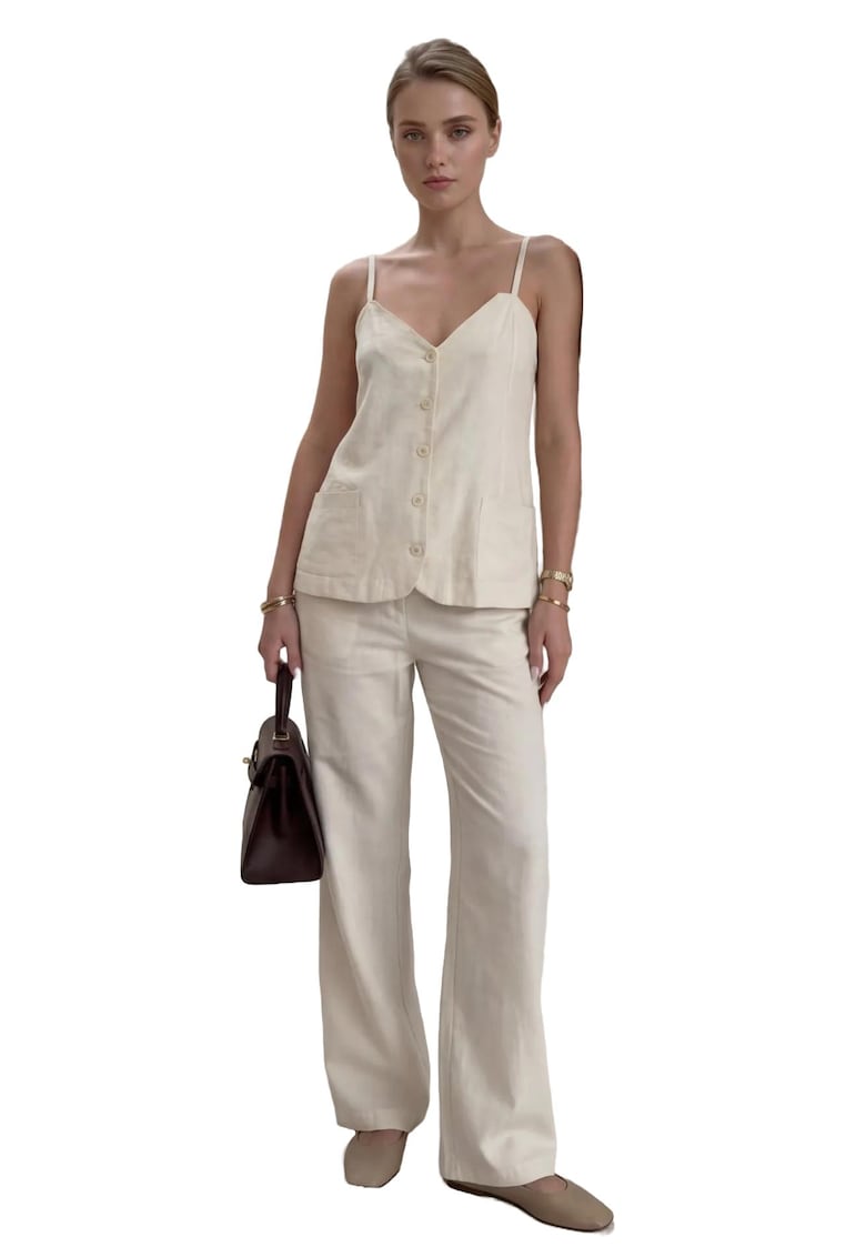 Compleu dama - set din doua piese - guler in V - pantaloni largi - bej natural - textil