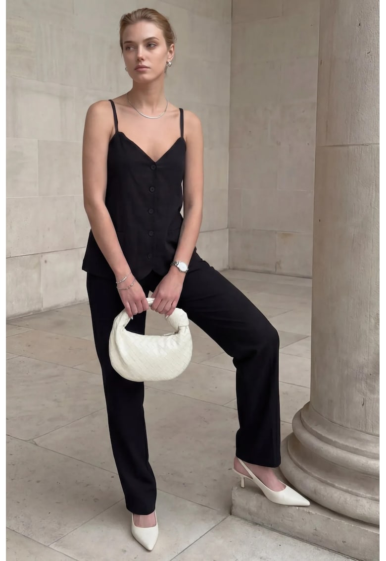 Compleu din doua piese - top cu decolteu in V - pantaloni cu croiala dreapta - negru - textil