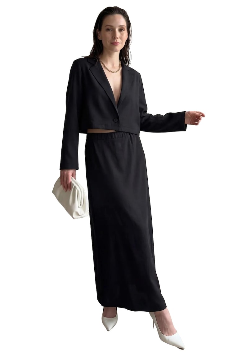 Costum din doua piese - top cu maneca lunga - fusta maxi - negru - textil
