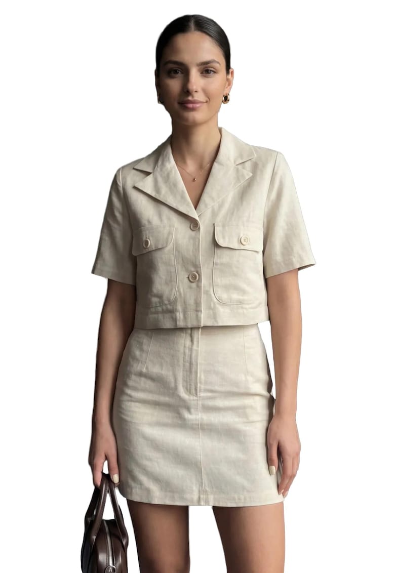 Set compleu asortat femei - camasa scurta si fusta mini - bej natural - textil