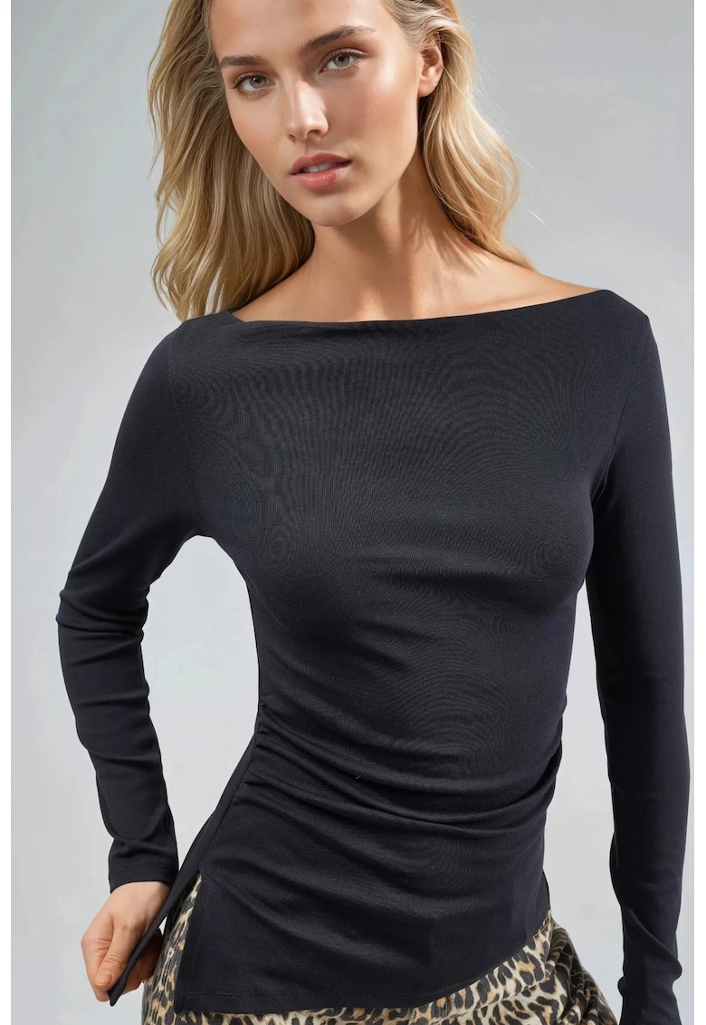 Bluza dama - bluza din jerseu - decolteu barca - negru - bumbac