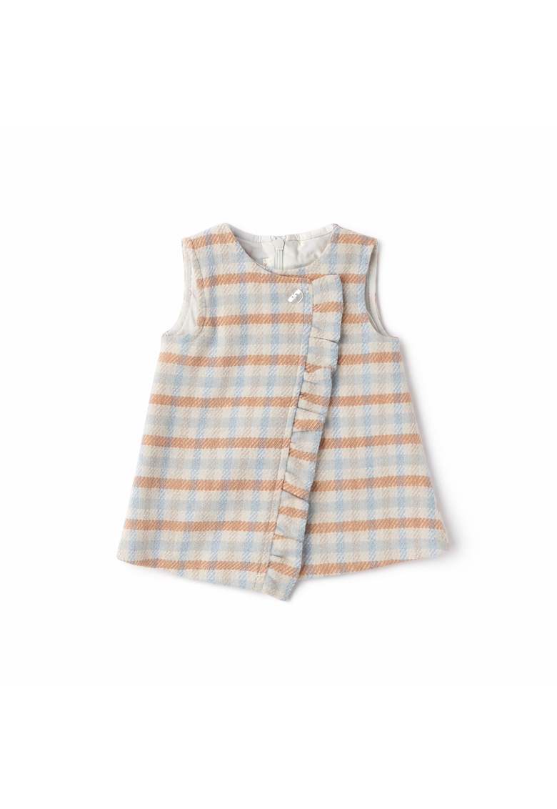 Rochie fara maneci pentru bebelusi fete - model in carouri - cu volane frontale si fermoar ascuns