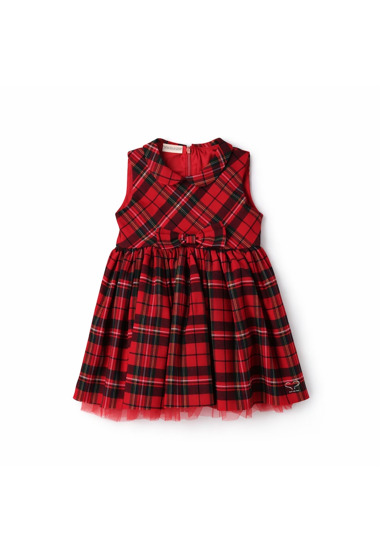 Rochie pentru fete - model in carouri rosii - cu funda frontala si tulle - fara maneci