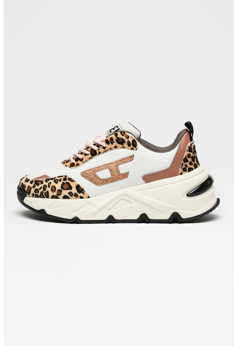 Pantofi sport Savannah cu talpa wedge si garnituri din piele - Alb optic/Bej deschis/Maro pamantiu