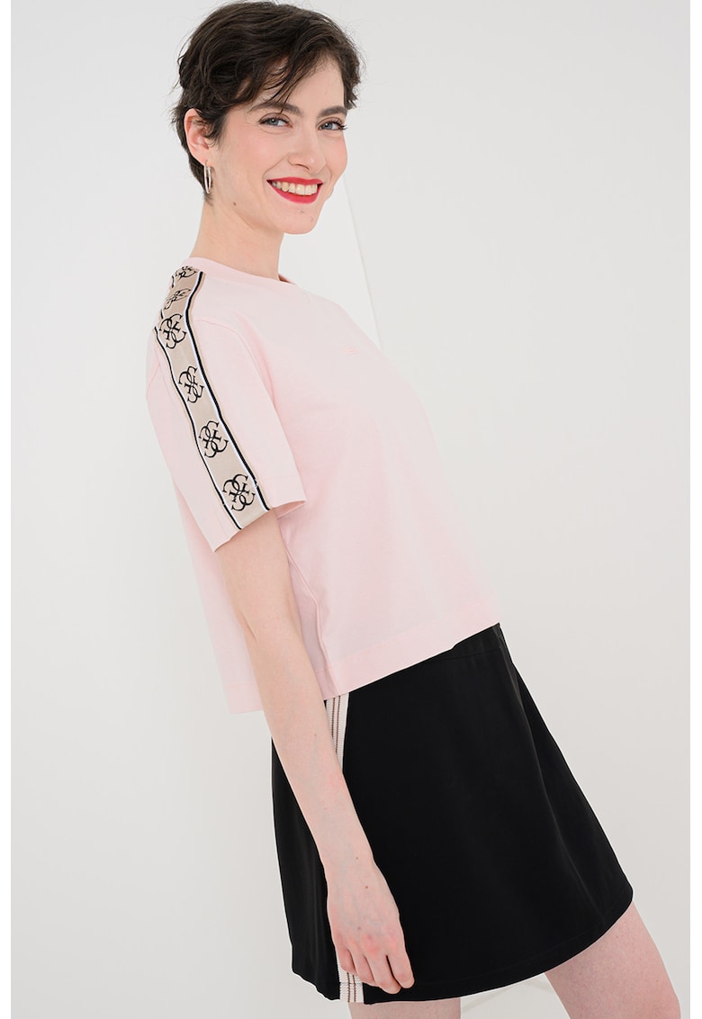 Tricou crop de bumbac cu segmente laterale cu logo - Bej/Roz