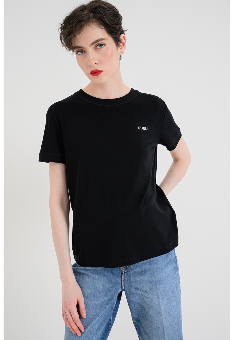 Tricou din amestec de lyocell cu decolteu la baza gatului - Negru