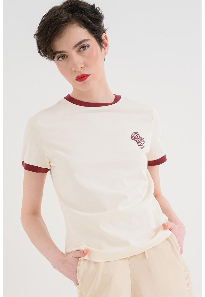 Tricou din bumbac cu detalii contrastante - Visiniu/Alb fildes