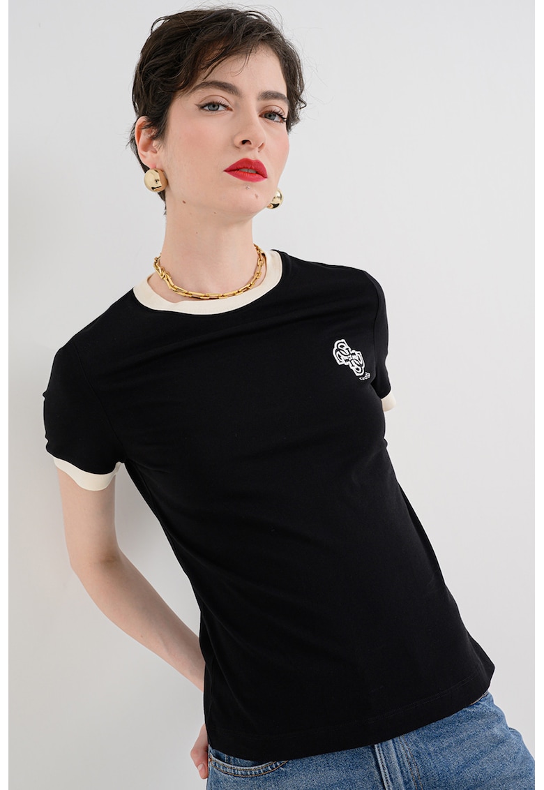 Tricou din bumbac cu detalii contrastante - Alb fildes/Negru