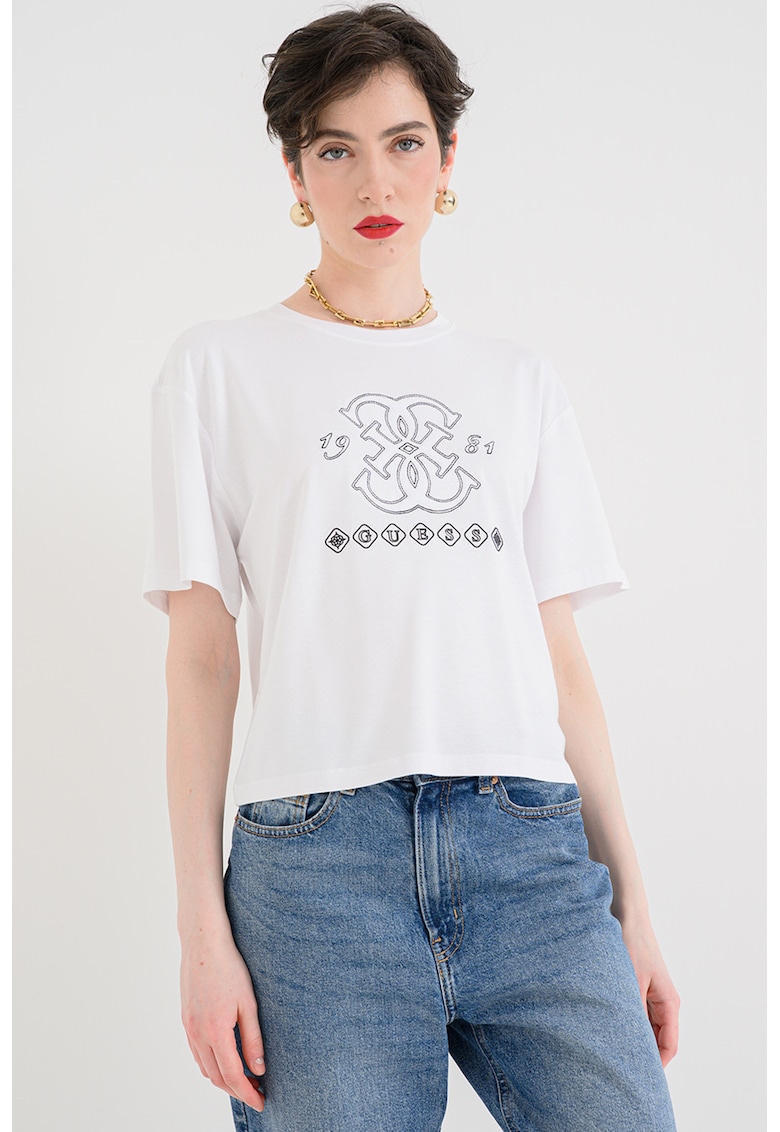 Tricou cu decolteu la baza gatului si logo - Negru/Alb optic