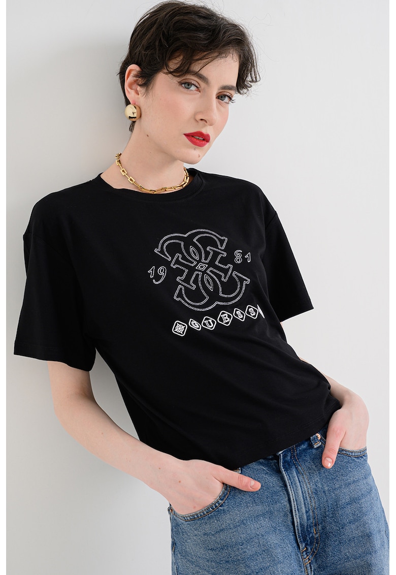 Tricou cu decolteu la baza gatului si logo - Negru