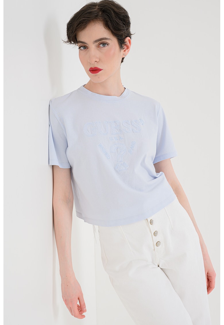 Tricou crop din bumbac cu logo brodat - Albastru deschis