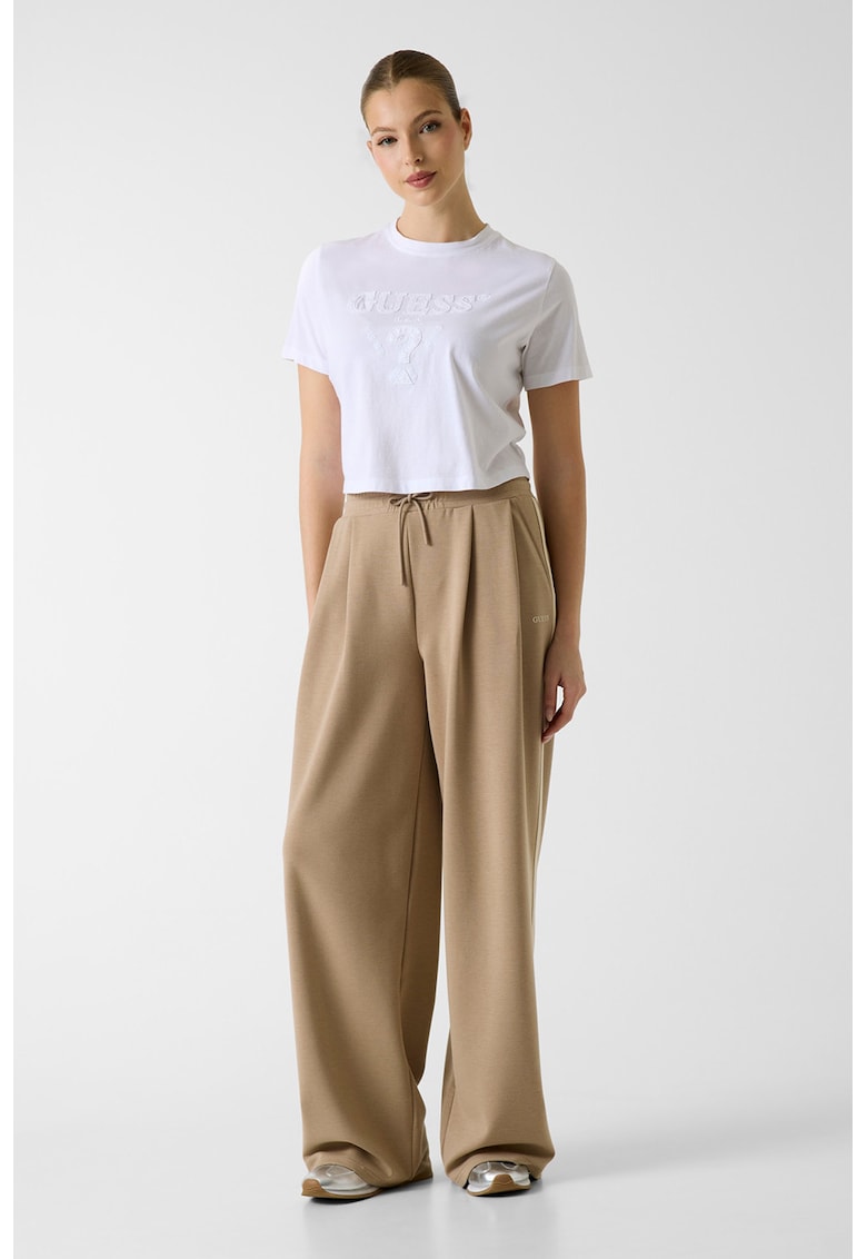 Tricou crop din bumbac cu logo brodat - Alb optic