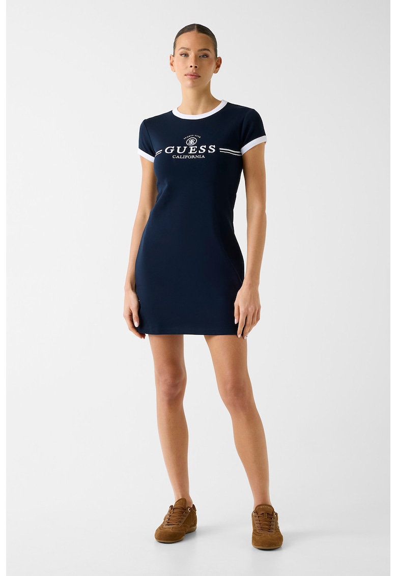 Rochie din amestec de bumbac cu maneci scurte si logo - Albastru inchis/Alb optic