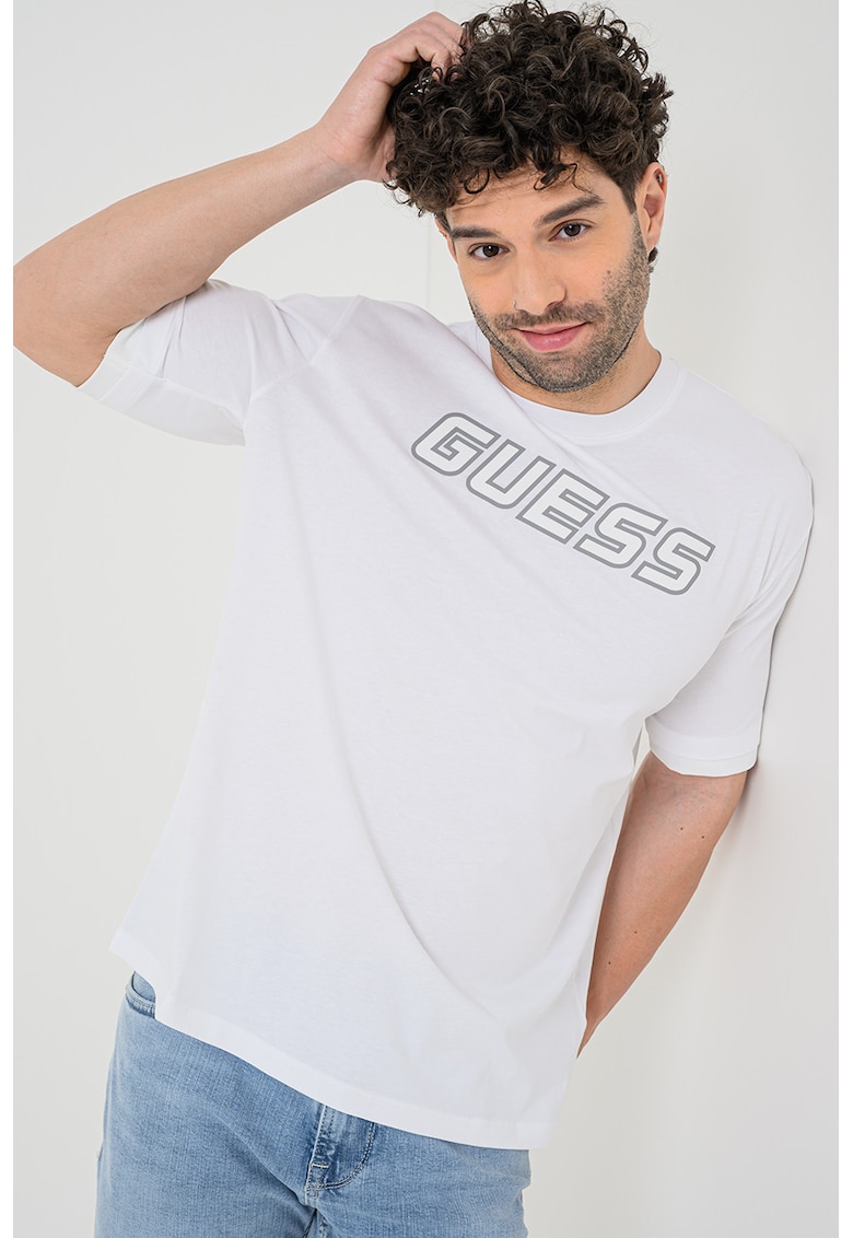 Tricou cu logo si decolteu la baza gatului pentru fitness - Alb optic/Gri inchis