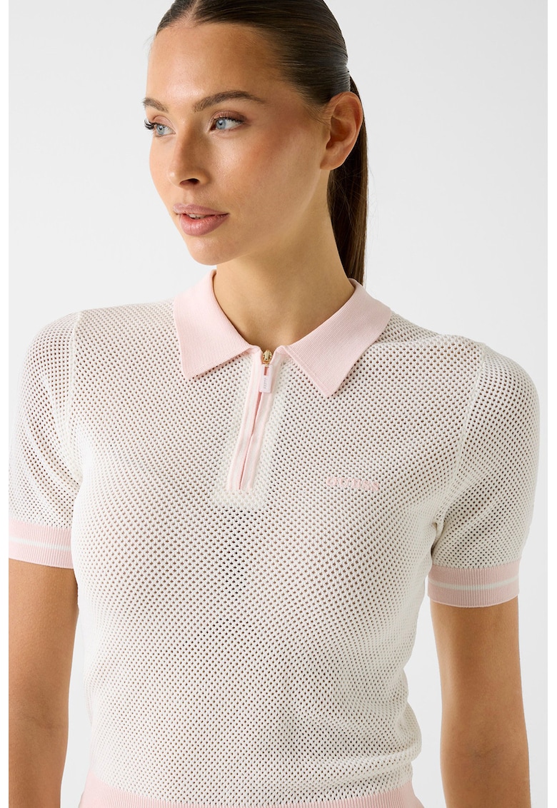 Tricou polo de plasa cu buzunar cu fermoar - Roz deschis/Alb murdar