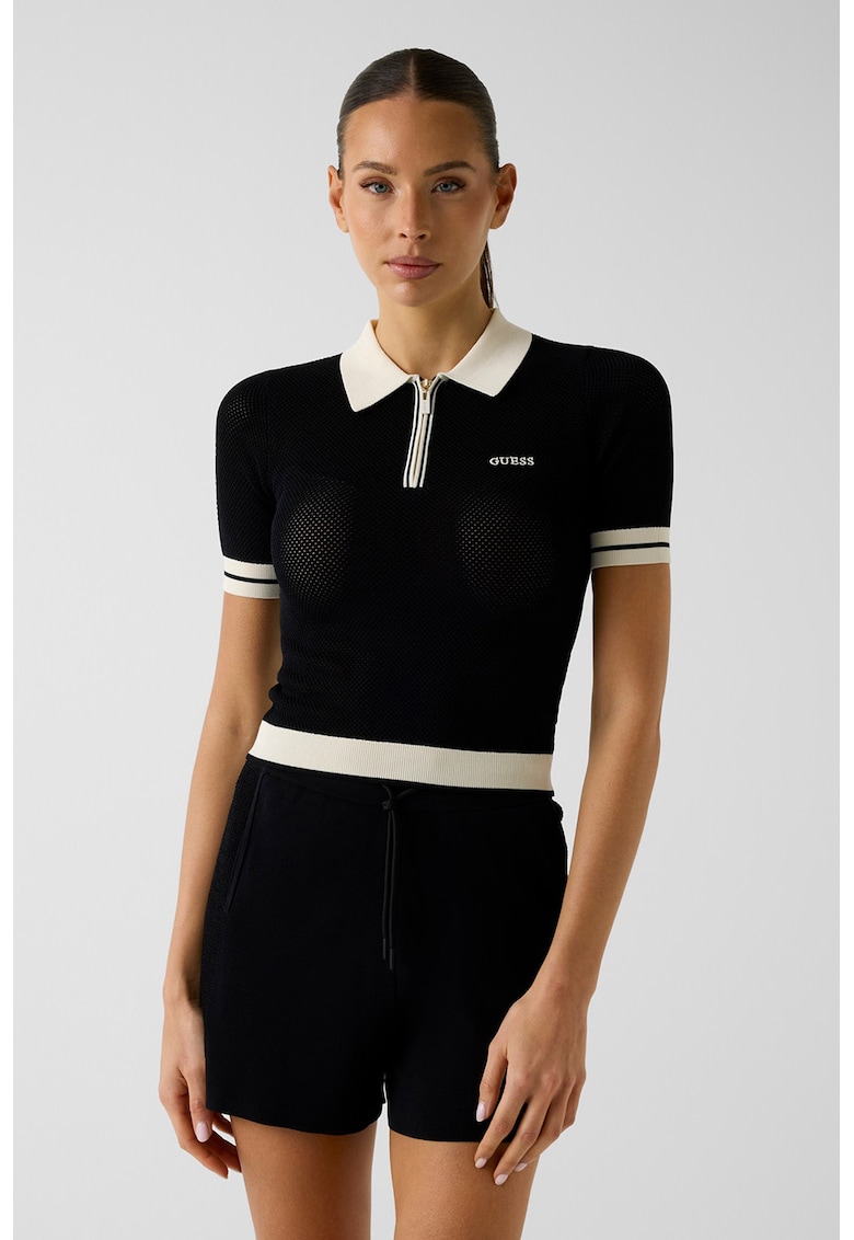 Tricou polo de plasa cu buzunar cu fermoar - Negru/Bej deschis