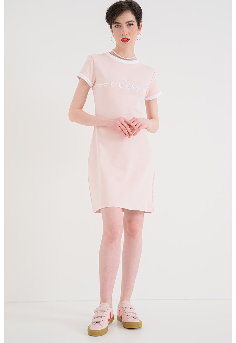Rochie din amestec de bumbac cu maneci scurte si logo - Alb/Roz pastel