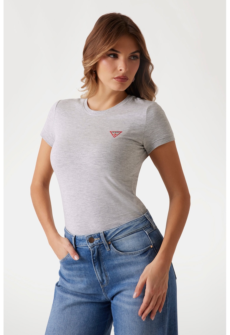 Tricou slim fit cu logo - Gri melange