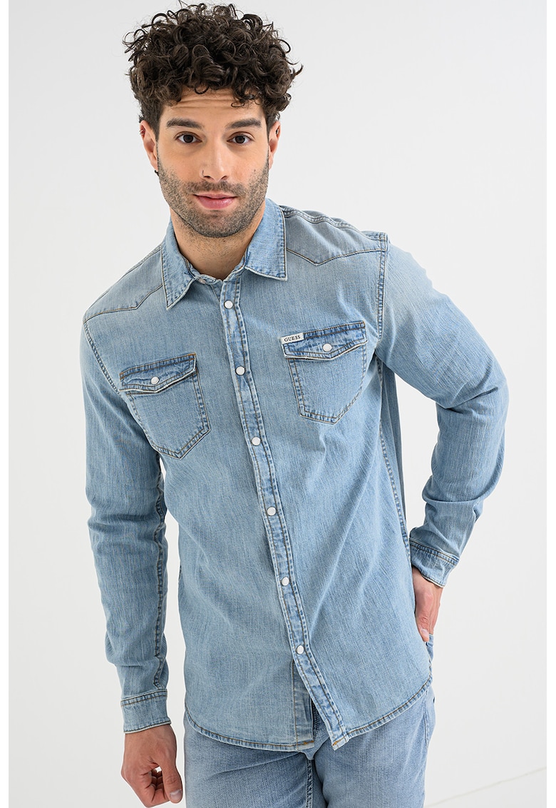 Camasa din denim cu buzunare pe piept - Albastru deschis