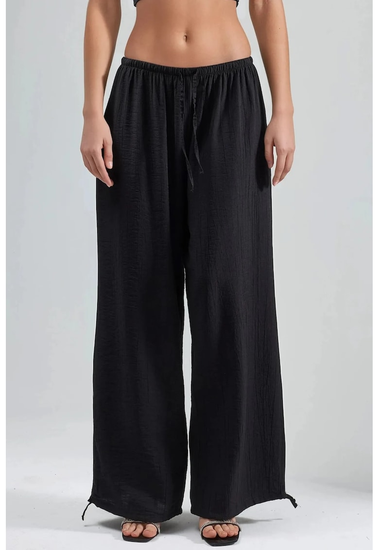 Pantaloni dama talie elastica - cu snur - negru - poliester
