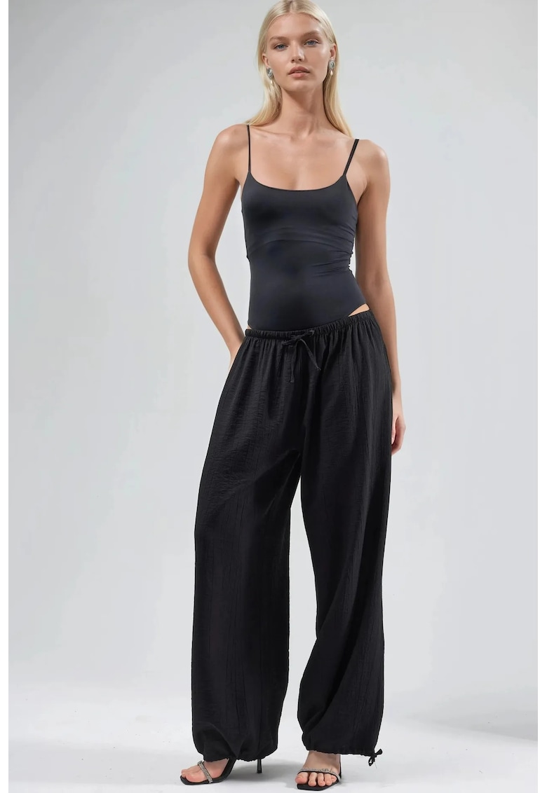 Pantaloni dama talie elastica - cu snur - negru - poliester