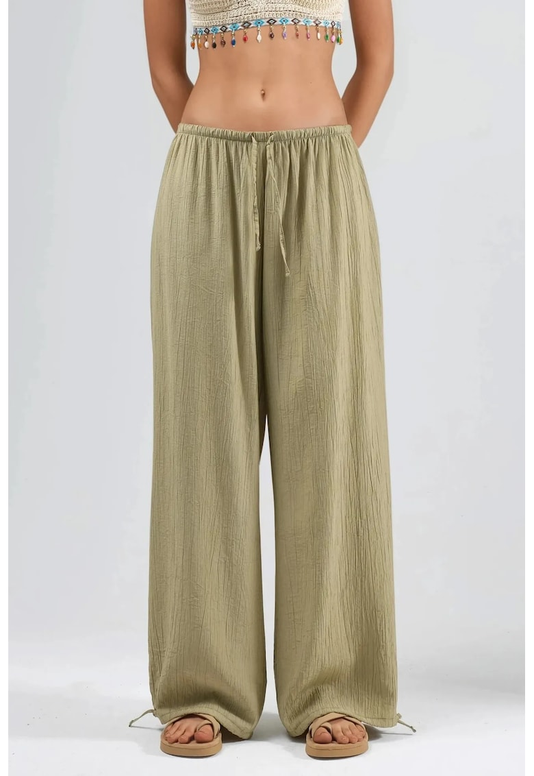 Pantaloni dama - cu talie elastica si detaliu cu snur - Verde Kaki - Textil