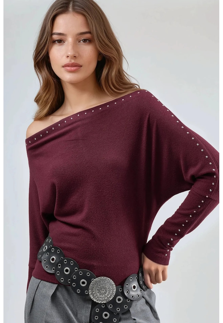 Bluza dama - cu decolteu barca - rosu burgundy - jerseu