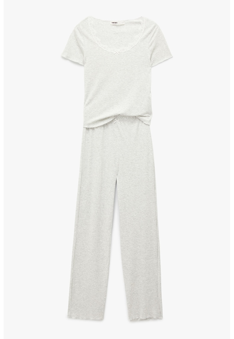 Pijama cu decolteu rotund si captuseala de dantela - Gri deschis melange