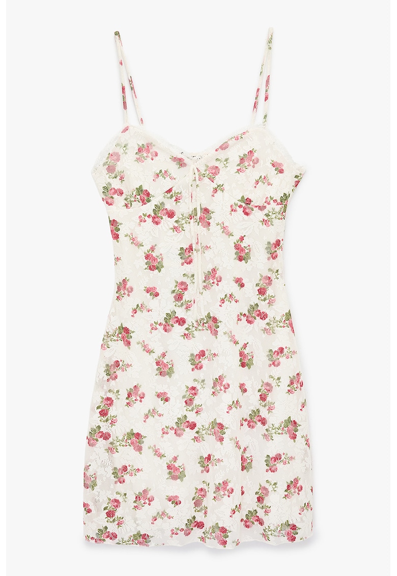 Rochie cambrata cu model floral si bretele subtiri - Verde/Roz/Crem