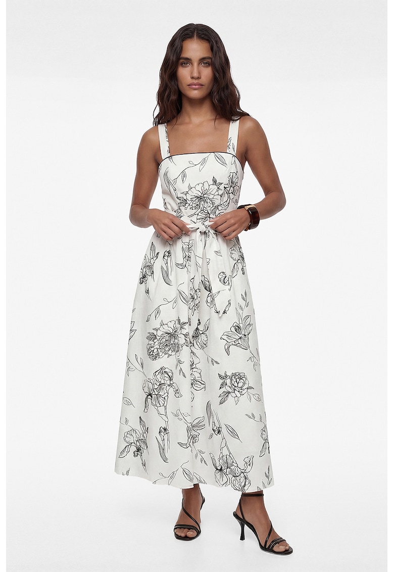 Rochie maxi evazata cu cordon in talie - Negru/Alb murdar