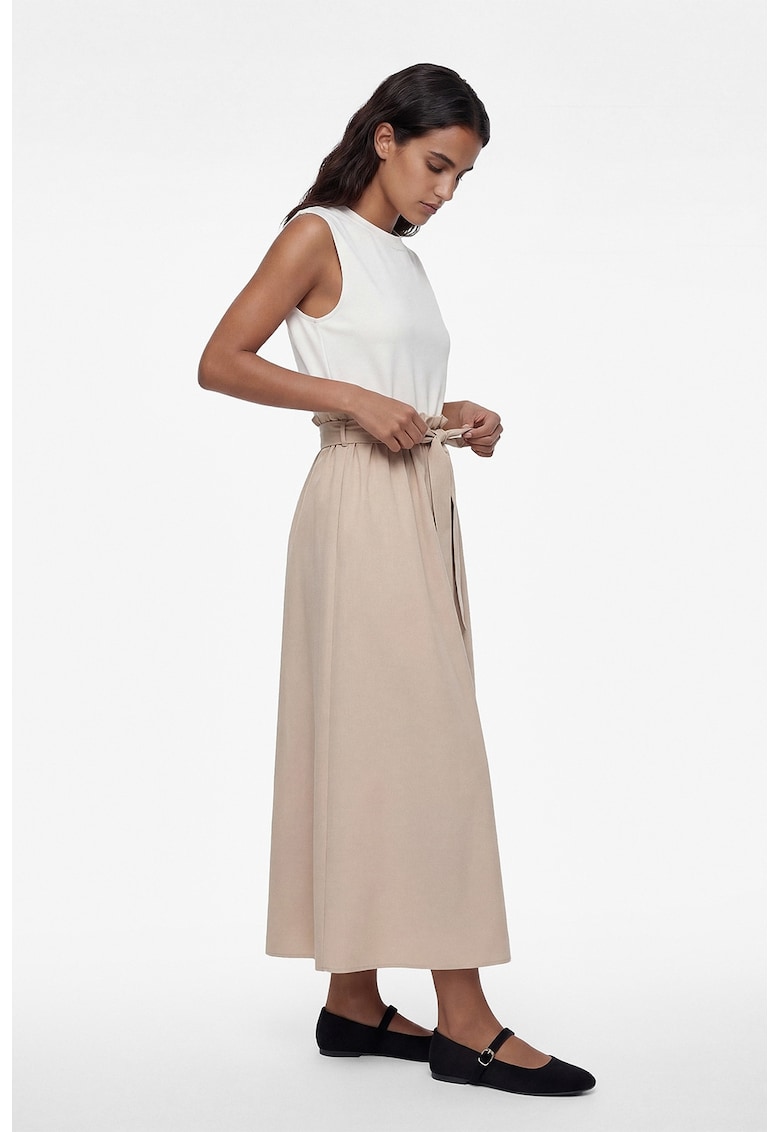 Rochie midi cu model 2 in 1si cordon - Bej/Alb murdar