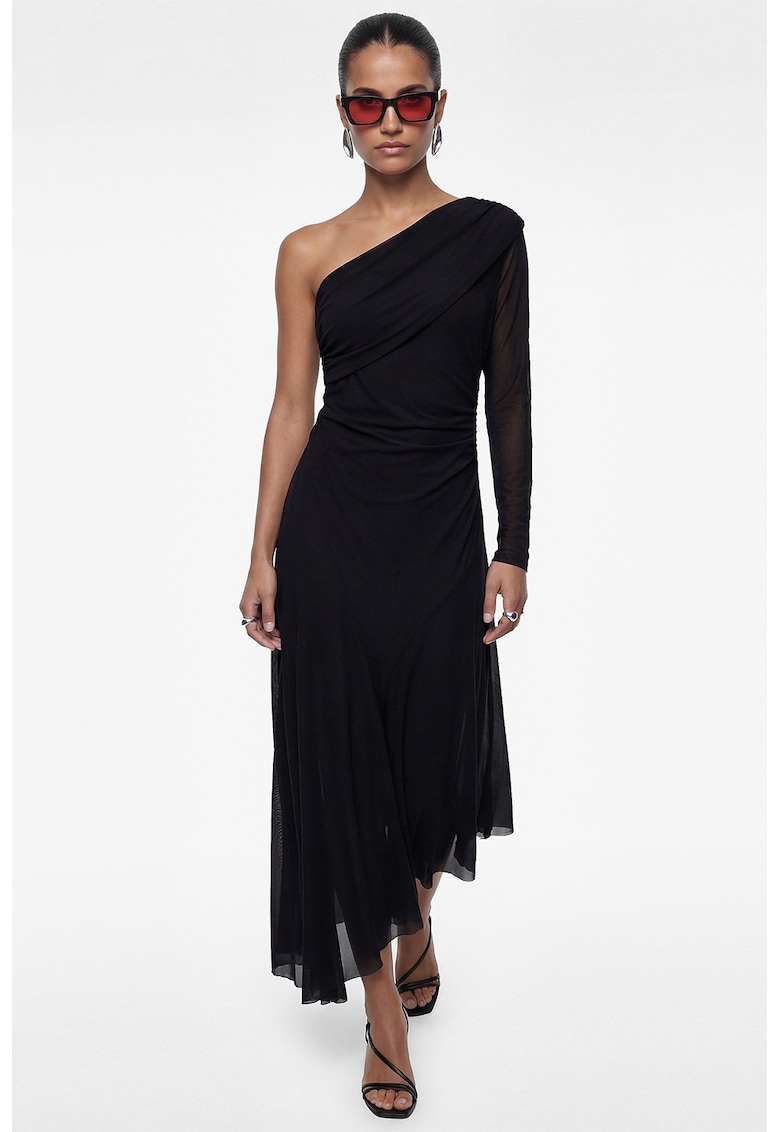 Rochie midi cu decolteu pe umeri si terminatie asimetrica - Negru