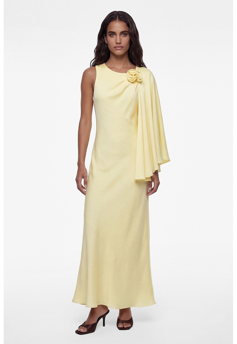 Fusta maxi de satin cu aplicatie florala - Galben